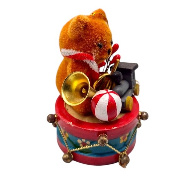 Vintage Flocked Teddy Bear Christmas Ornament With Drum & Train Toys Mini 2.5" - Picture 2 of 6